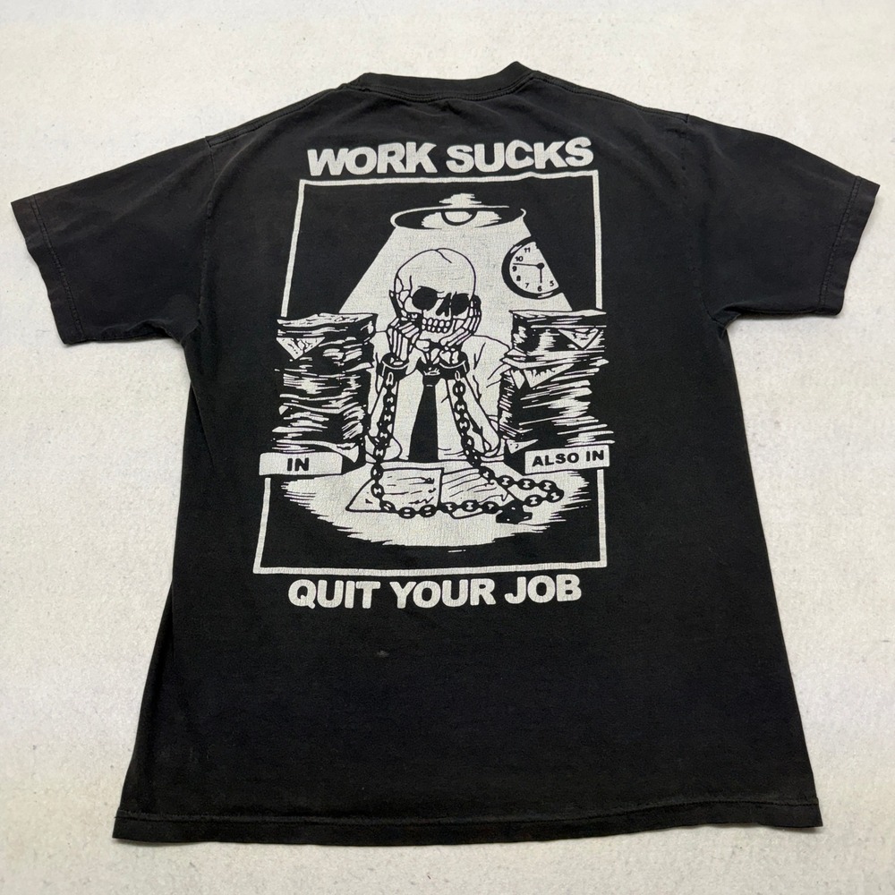 Rusty Butcher Work Sucks Quit Your Job Graphic T-Shirt Mens Large Black Y2K